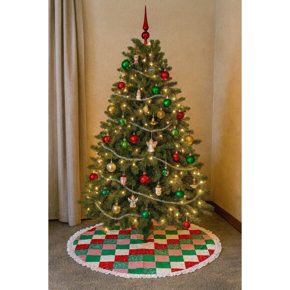 Vintage Large Homemade Patchwork Quilt Christmas Tree Skirt 62” Holiday Décor - Picture 2 of 5